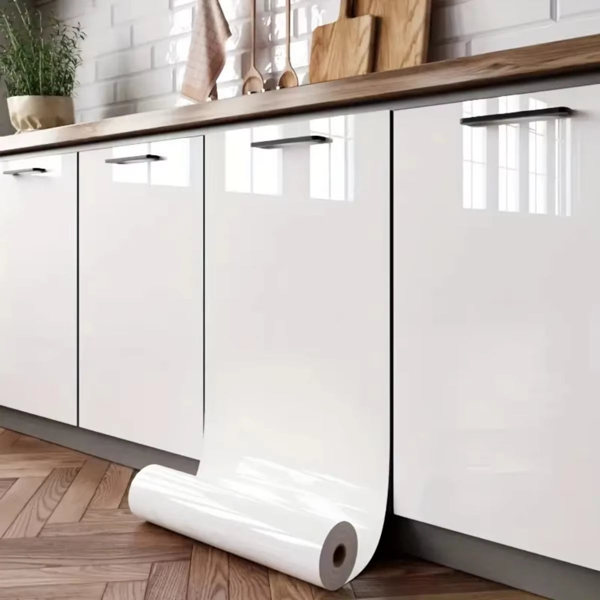 PVC Pearl Film Waterproof Wallpaper Room DIY Self-Adhesive Black/White Wardrobe Kitchen High Gloss Paste Furniture Wall Stickers